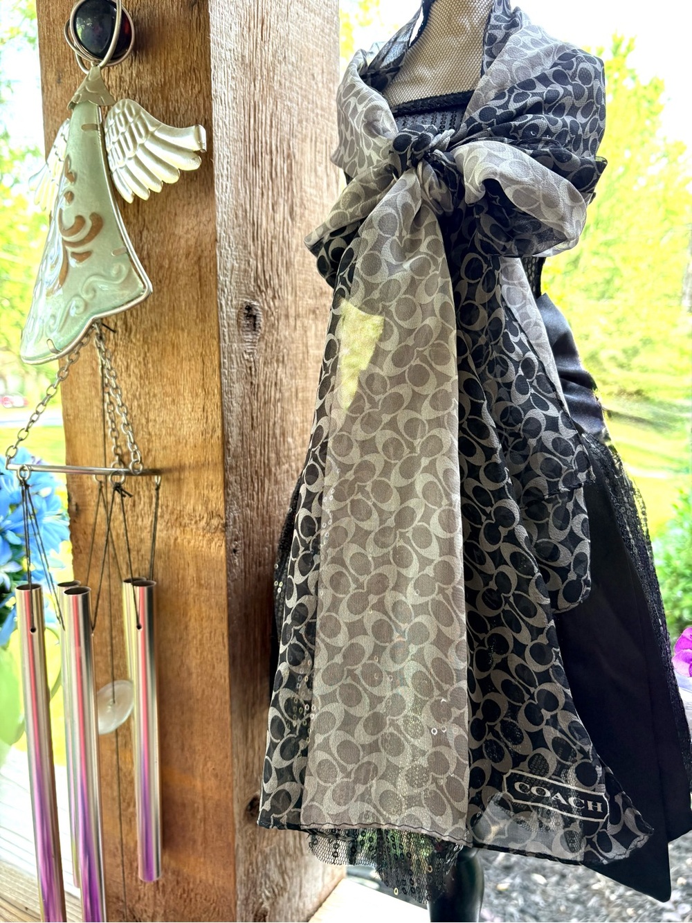 Coach Silk Black & Grey Oblong Logo Print Sheer Chiffon Scarf
